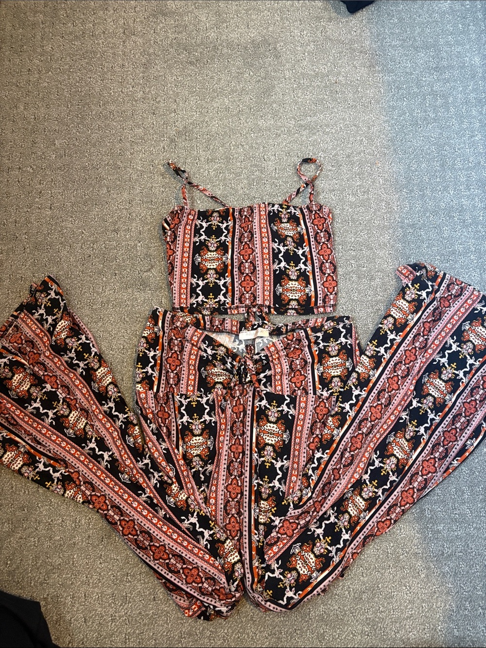 Boho Print Two-Piece Jumpsuit Set - Black & Rust
